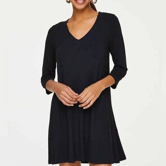 LOFT 3/4 Sleeve V-Neck Swing Dress, Color Black Size XSP - Picture 1 of 14
